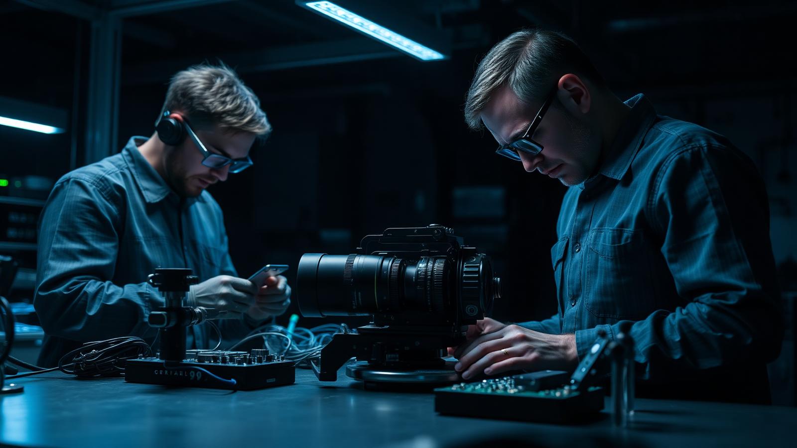 Engineers testing miniature camera electronics in Mumbai QC laboratory